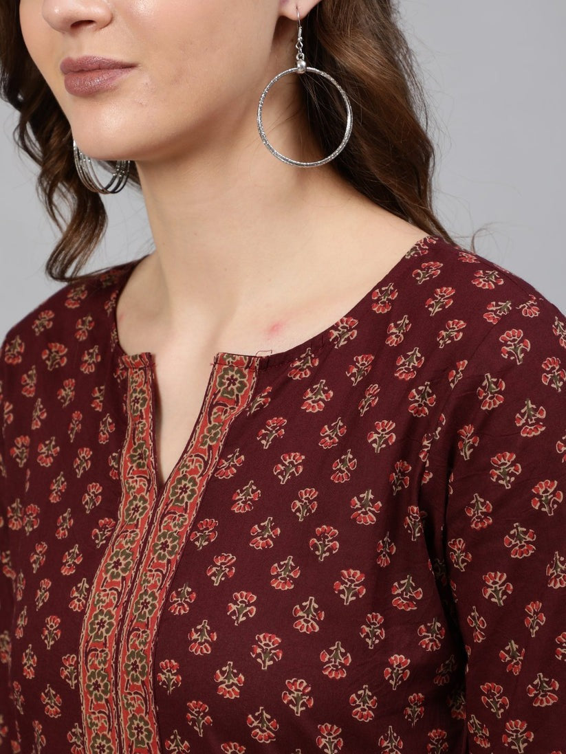 Burgundy Printed Soft Cotton Short Kurti Top