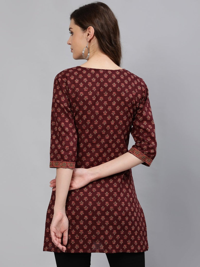 Burgundy Printed Soft Cotton Short Kurti Top