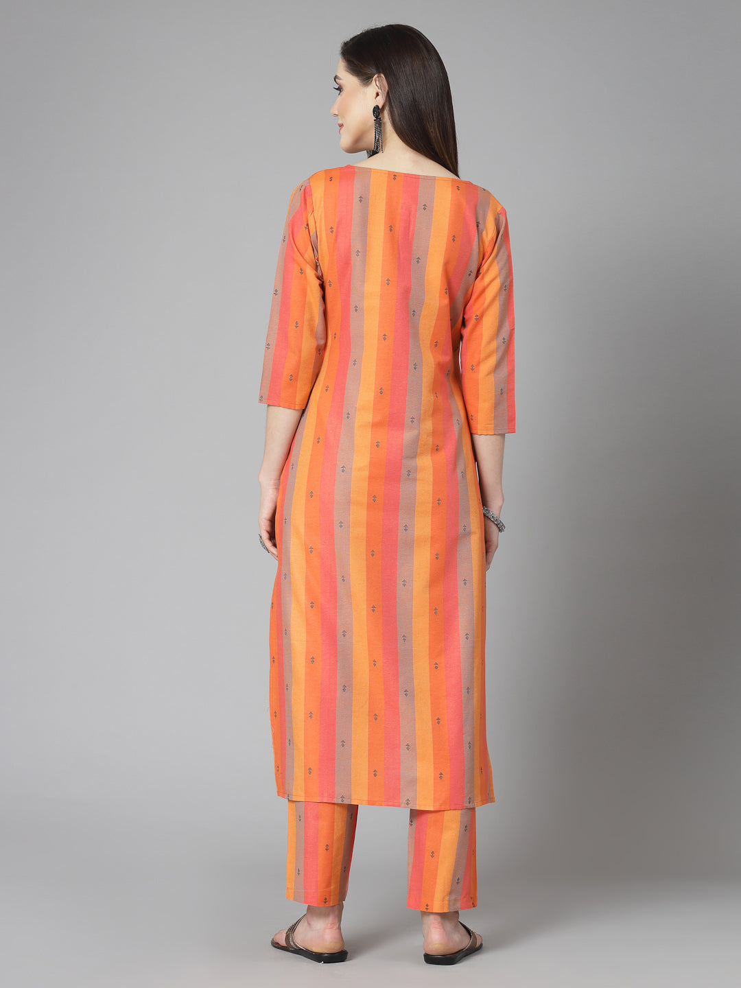 Yellow &Orange Vertical Striped Cotton Kurti With Palazzo