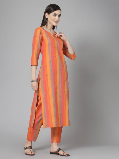 Yellow &Orange Vertical Striped Cotton Kurti With Palazzo