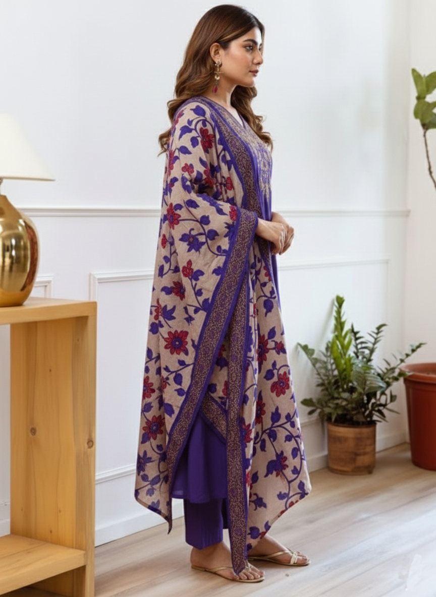Purple Solid embroidered silk kurti palazzo with printed dupatta