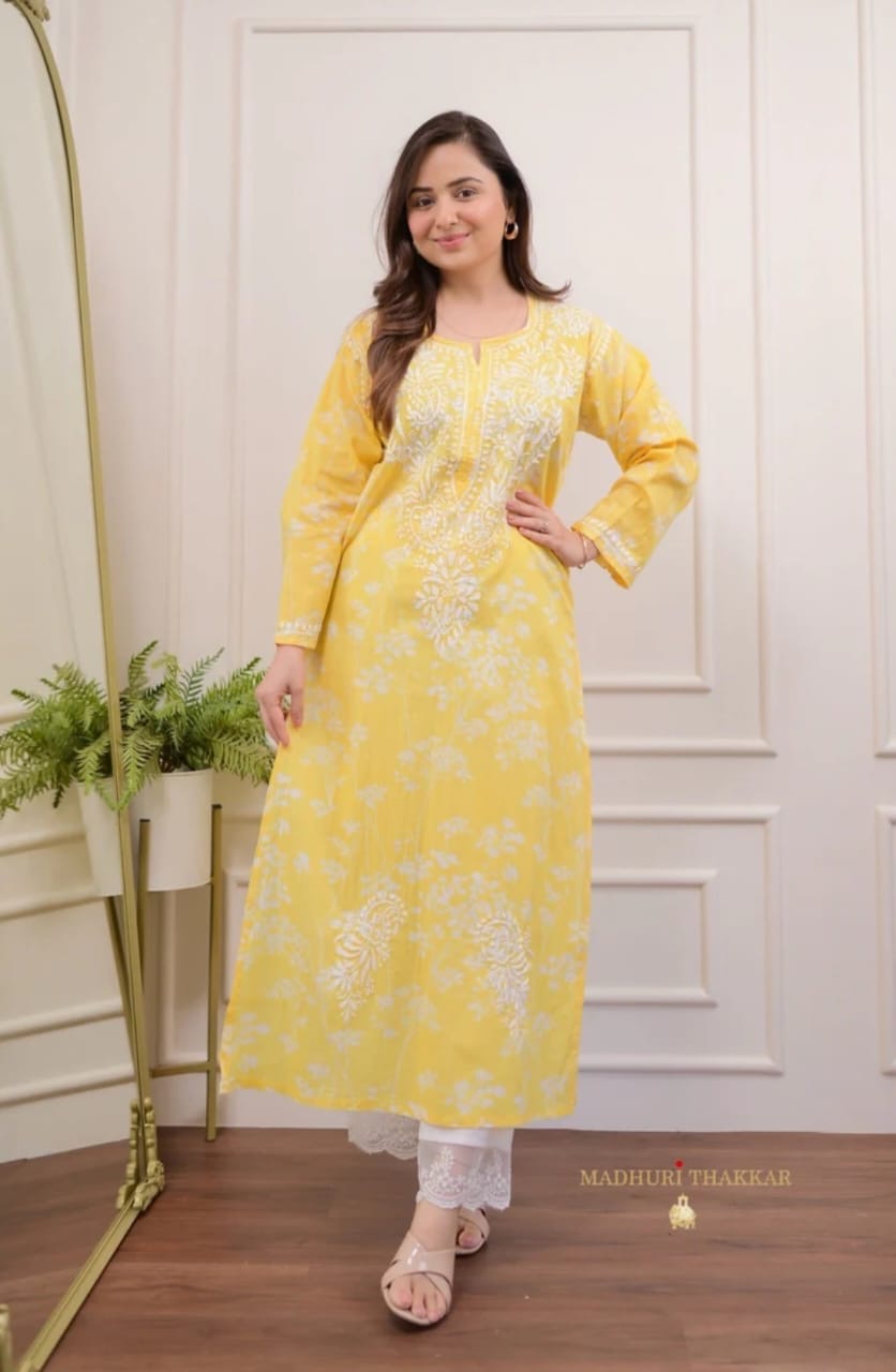 Yellow & White Chikankari Kurta And Palazzo Set