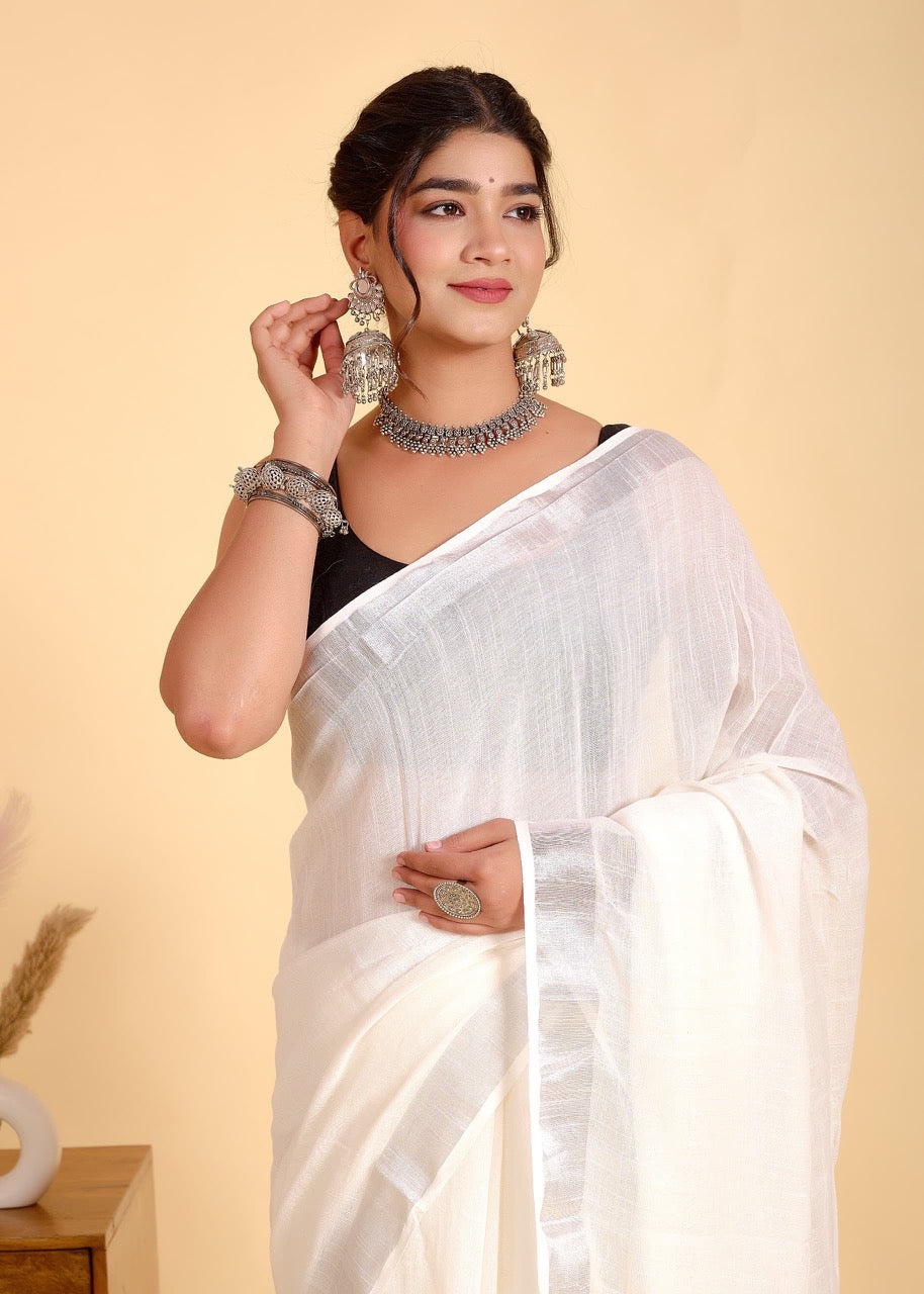 Solid White Linen Saree With Silver Border & Black and white Tassels