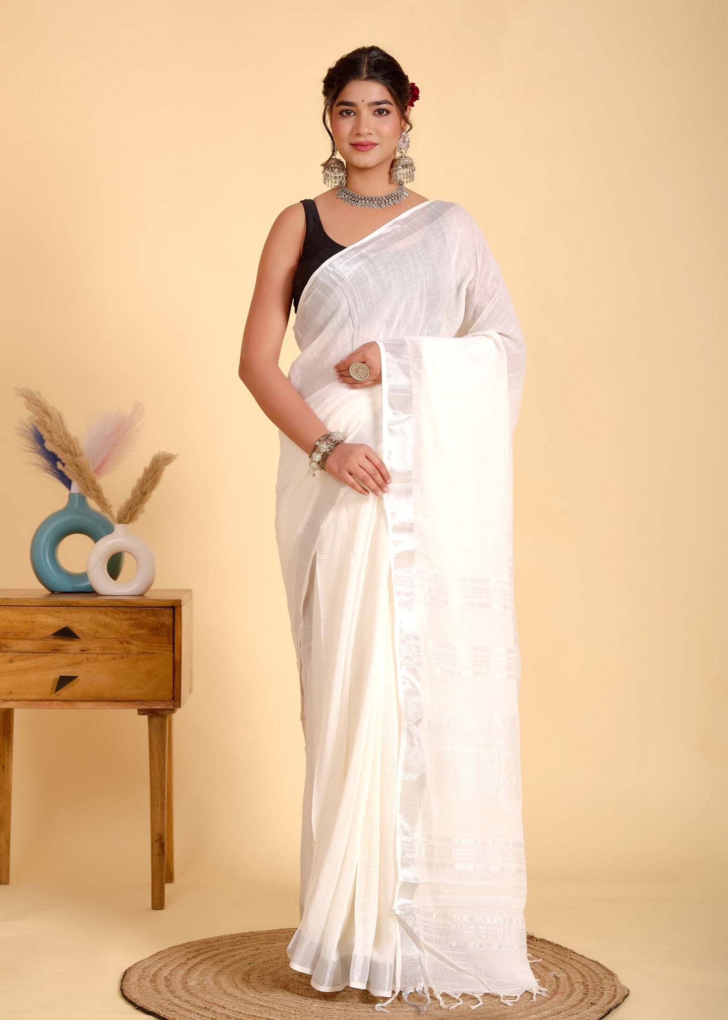 Solid White Linen Saree With Silver Border & Black and white Tassels
