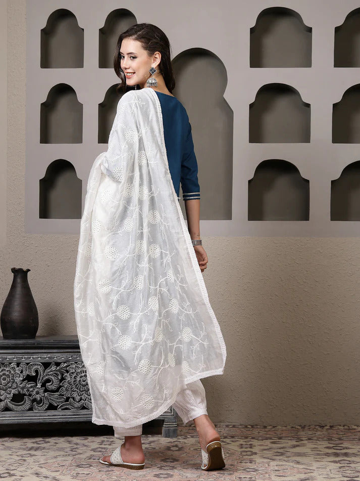 Blue White Cotton Blend Kurti Set