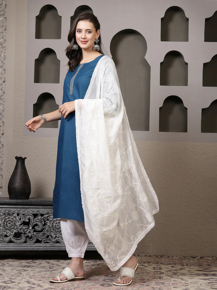 Blue White Cotton Blend Kurti Set