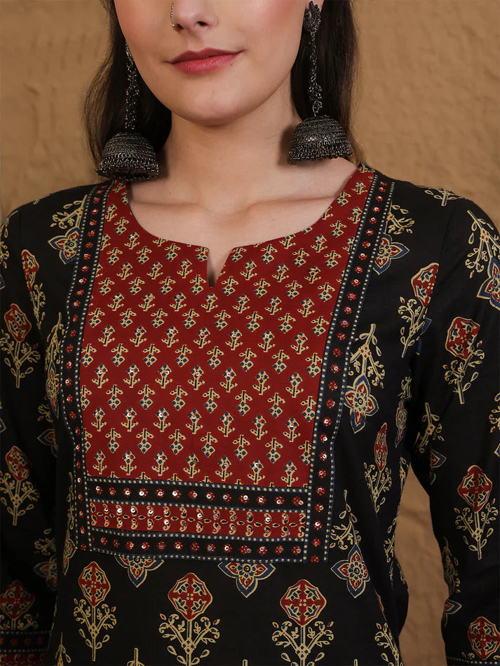 Black & Maroon Printed cotton Kurti Set