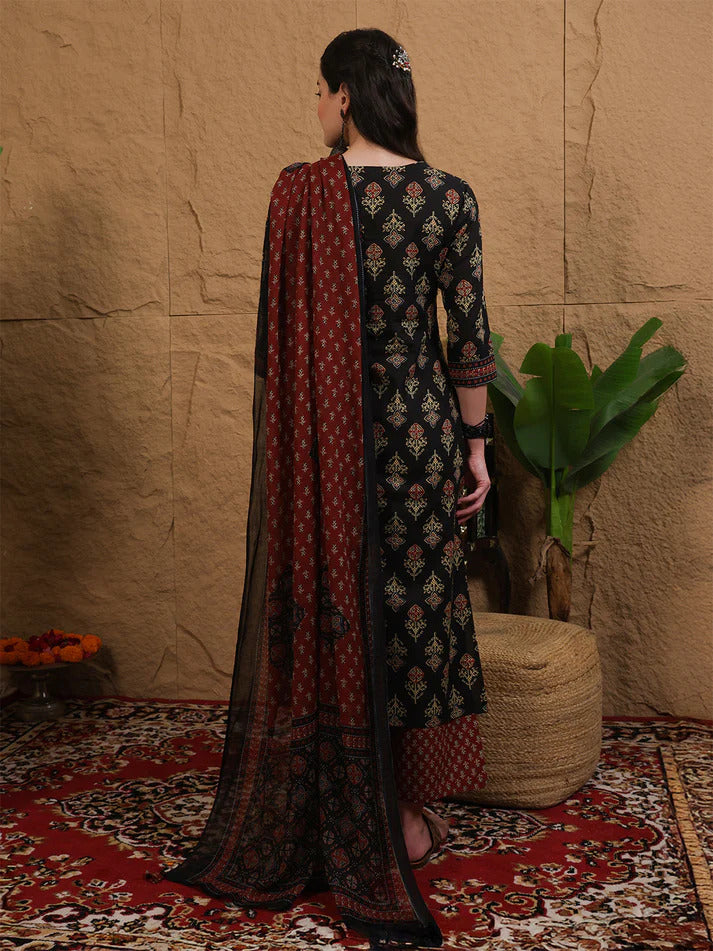 Black & Maroon Printed cotton Kurti Set