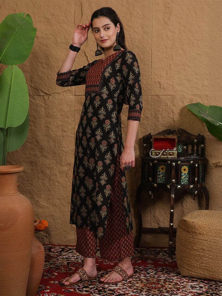 Black & Maroon Printed cotton Kurti Set