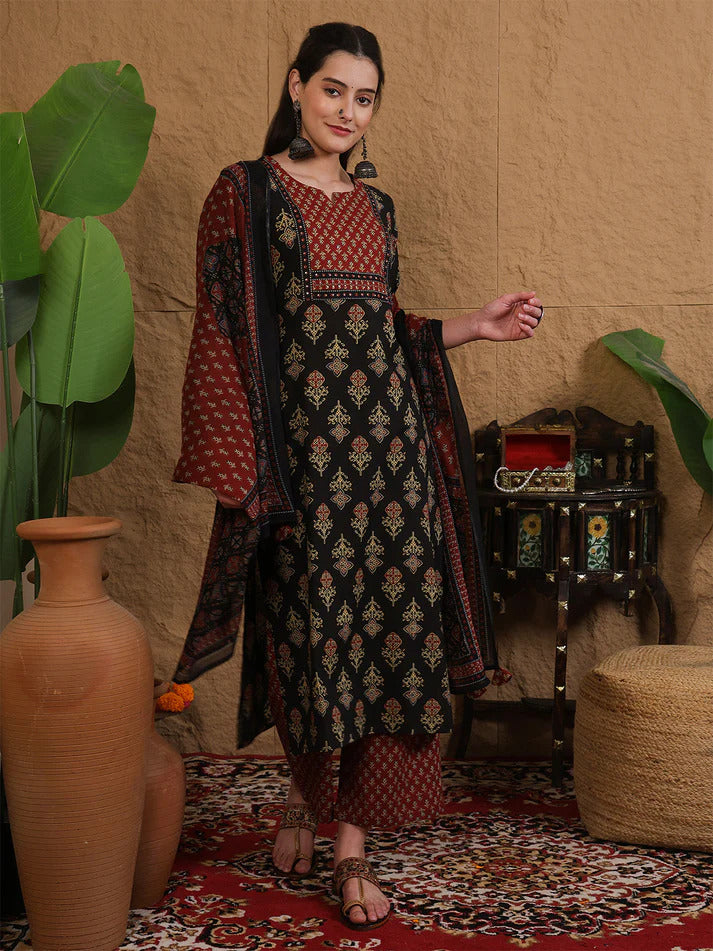 Black & Maroon Printed cotton Kurti Set