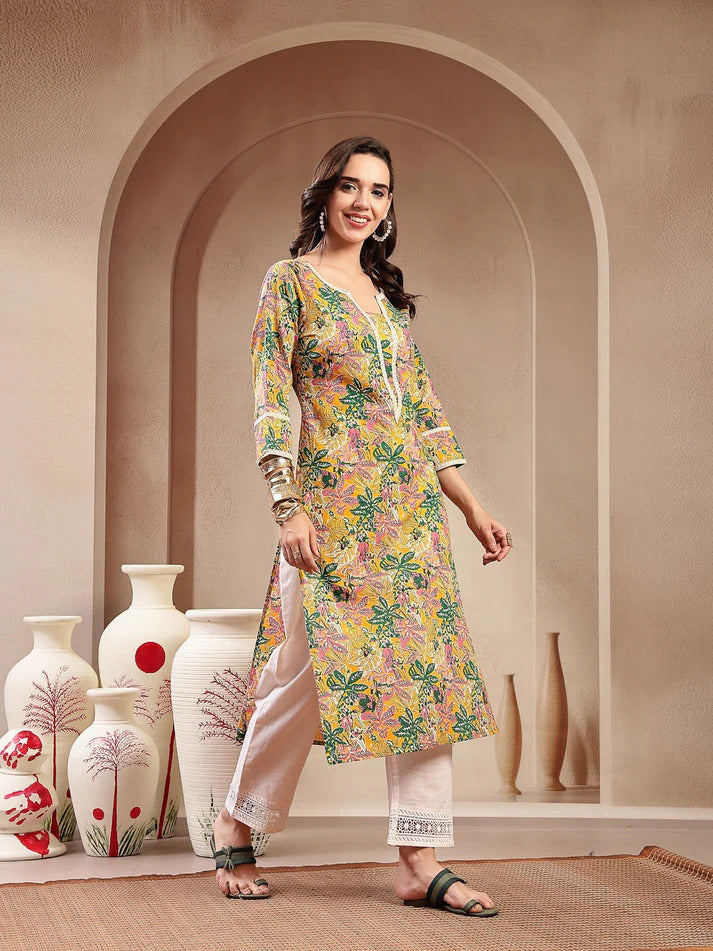 Printed cotton kurtitop with lace datailing(Top Only)
