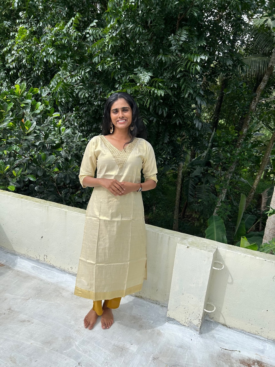 Kerala Tissue Cotton Kurti Top with Sugar beads embroidery & Zari Border(Top Only)