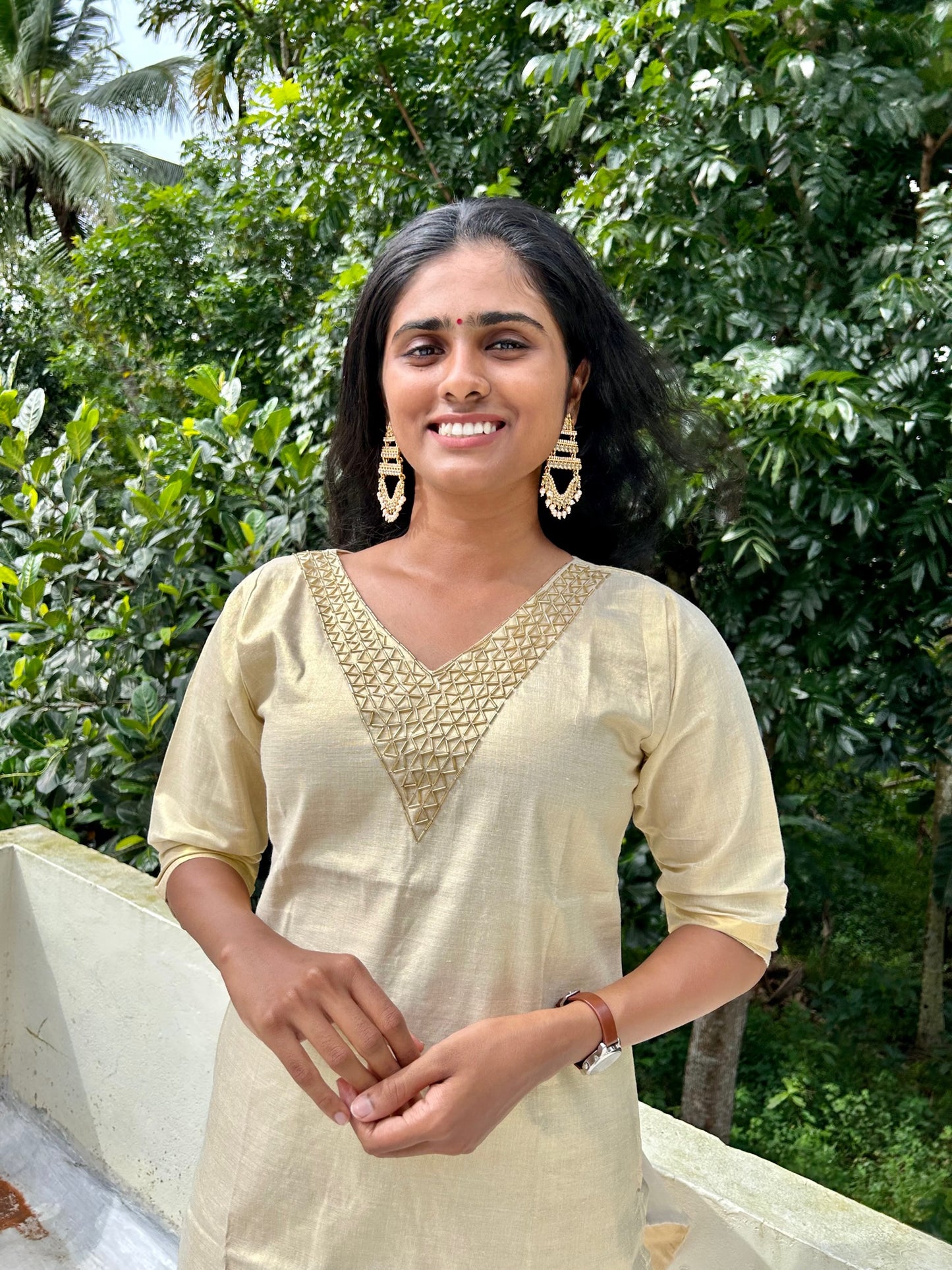 Kerala Tissue Cotton Kurti Top with Sugar beads embroidery & Zari Border(Top Only)