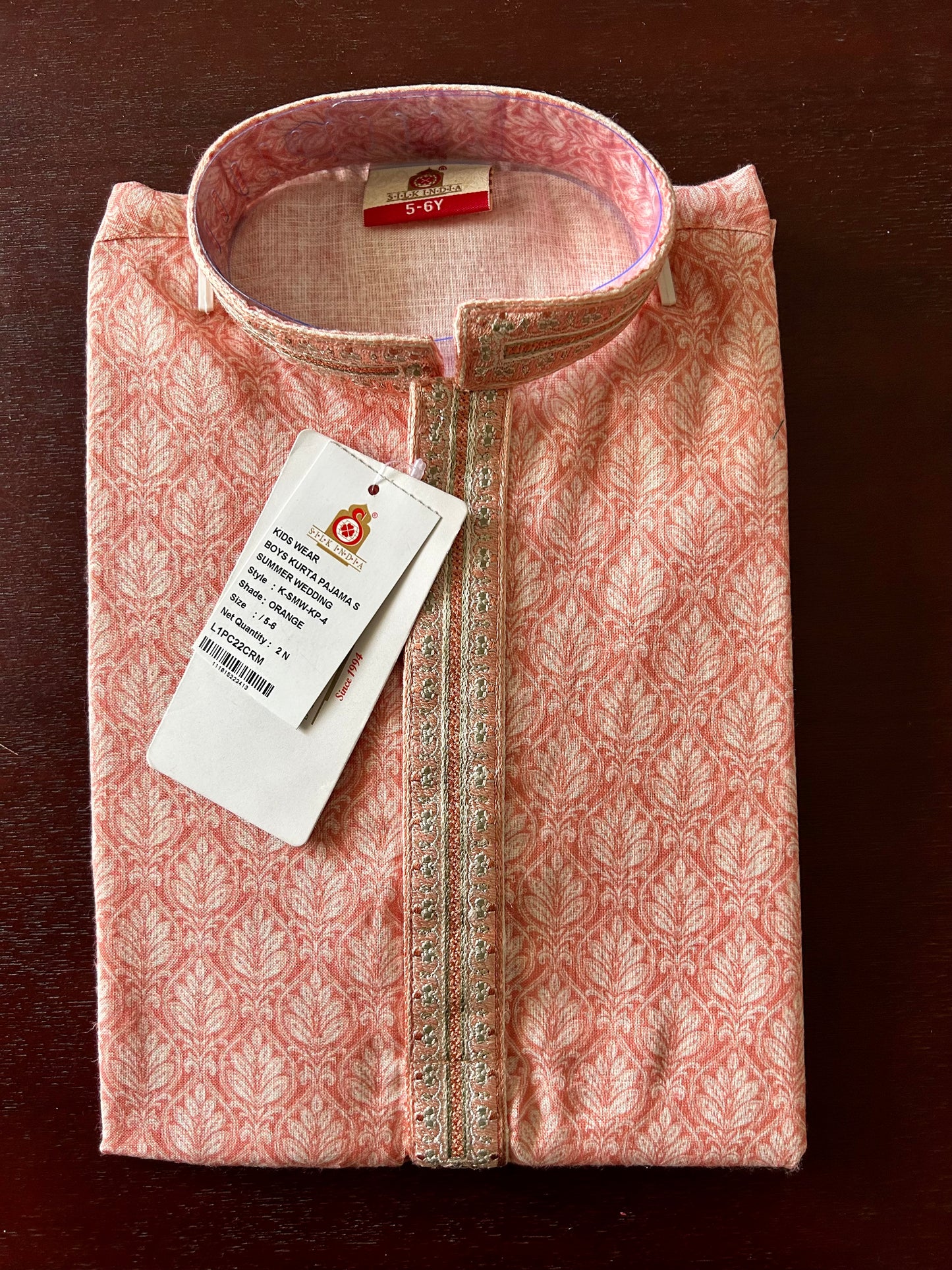 Peach Cotton Kurta Pajama Set For Boys