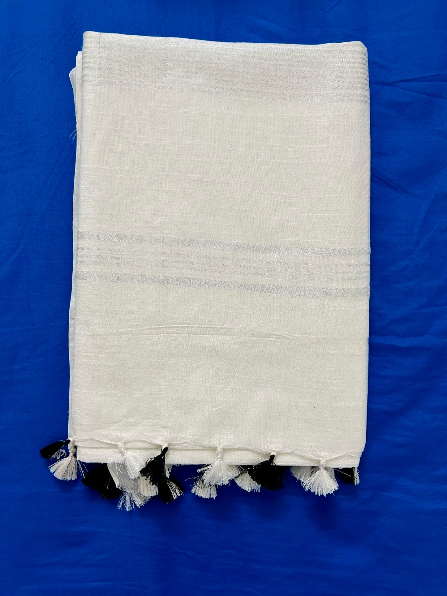 Solid White Linen Saree With Silver Border & Black and white Tassels