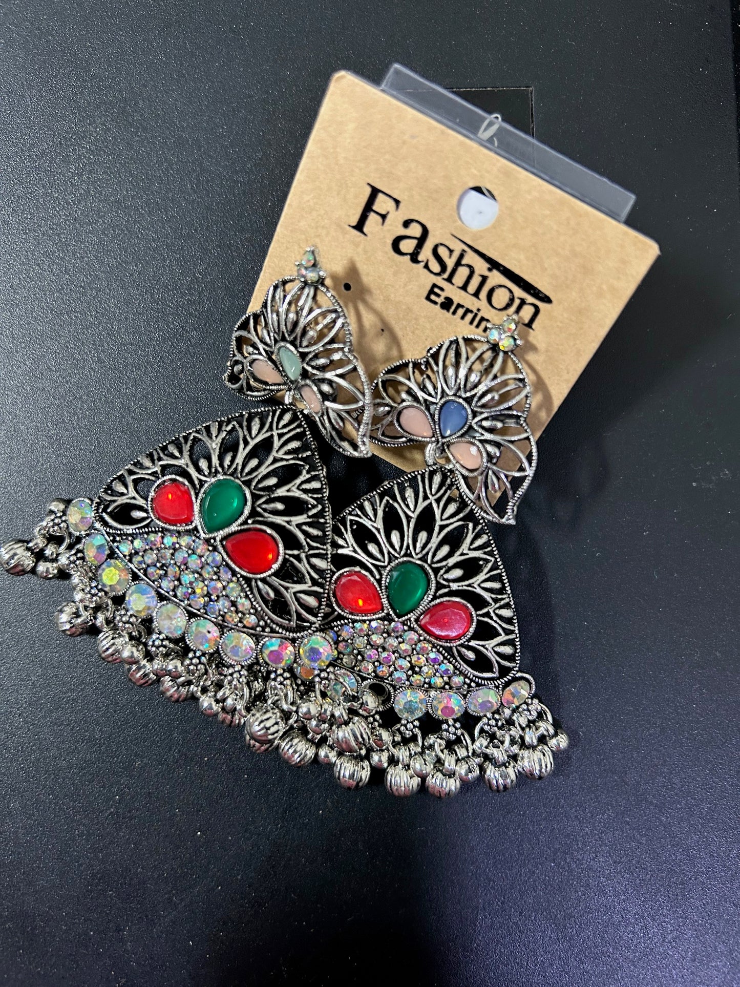 Oxidised Silver Plated Drop Earrings with Beads & Stones