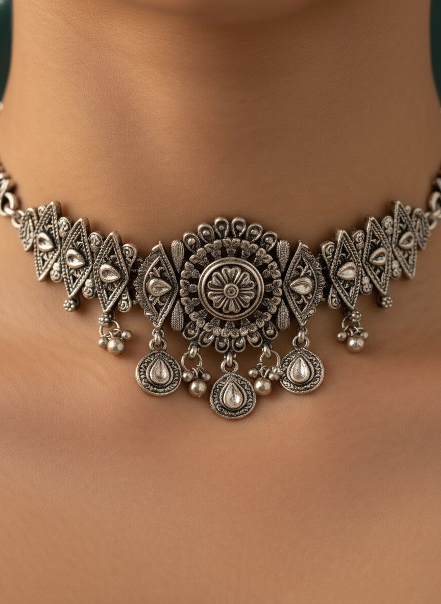 Oxidized Silver Plated Choker Necklace Earrings Set