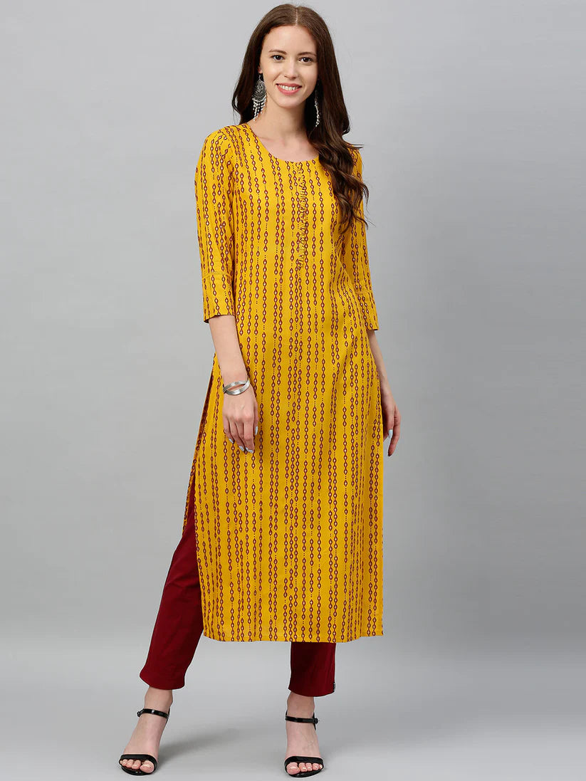 Yellow & Red Printed Rayon Kurti Top