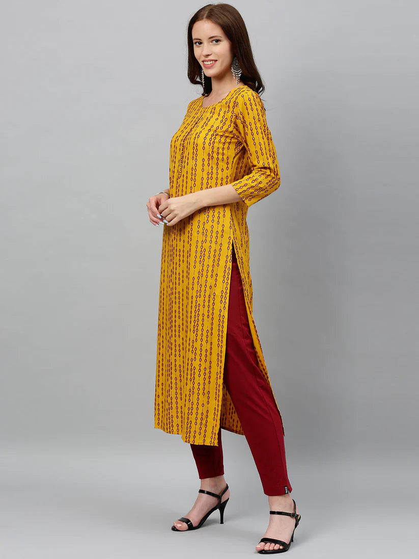 Yellow & Red Printed Rayon Kurti Top