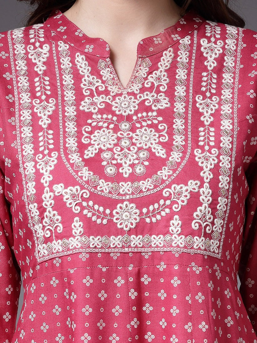 White & Magenta Block Printed RayonAnarkali kurti Pants with dupatta