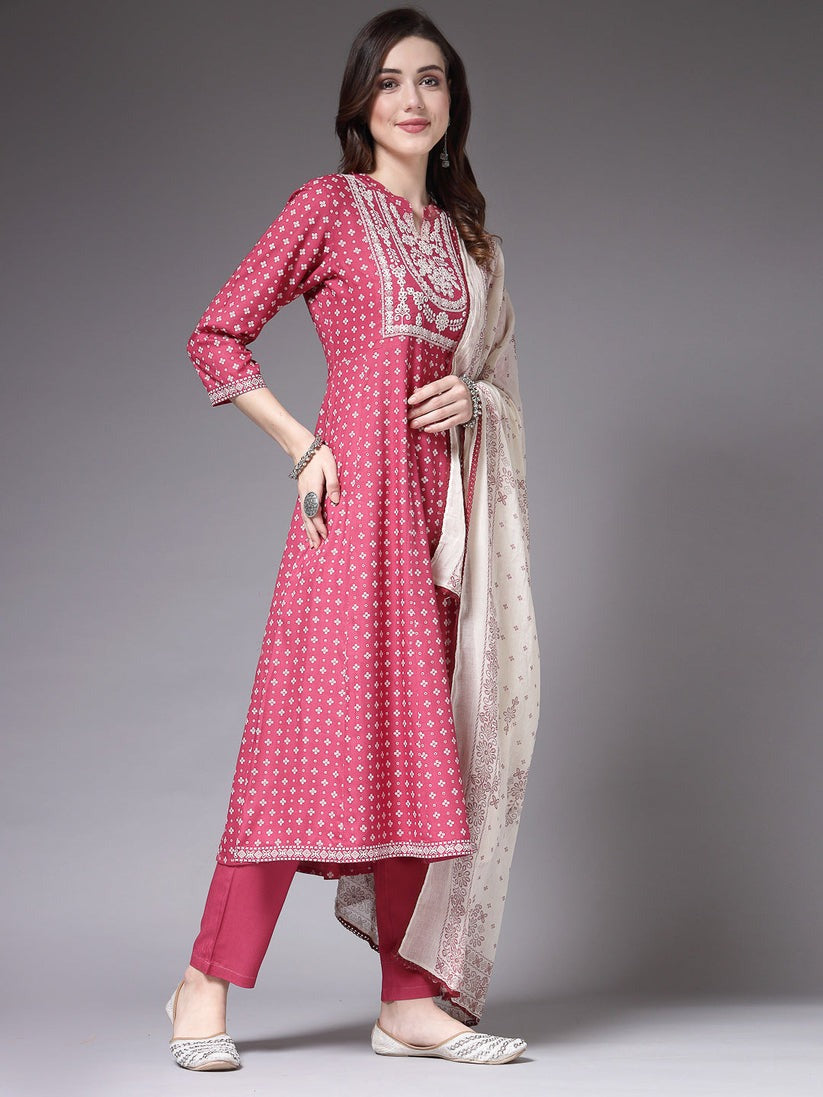 White & Magenta Block Printed RayonAnarkali kurti Pants with dupatta