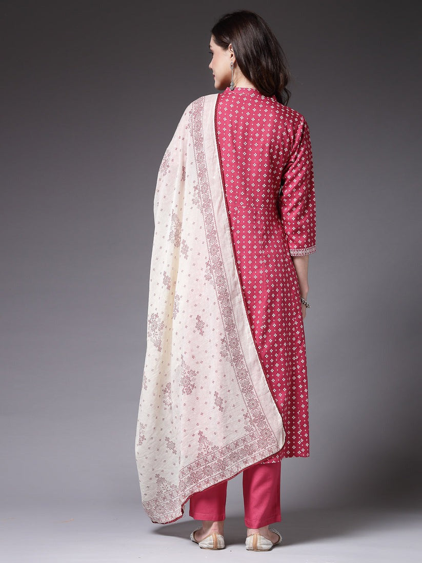 White & Magenta Block Printed RayonAnarkali kurti Pants with dupatta