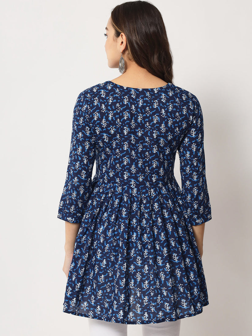 Blue Cotton Floral Printed Top