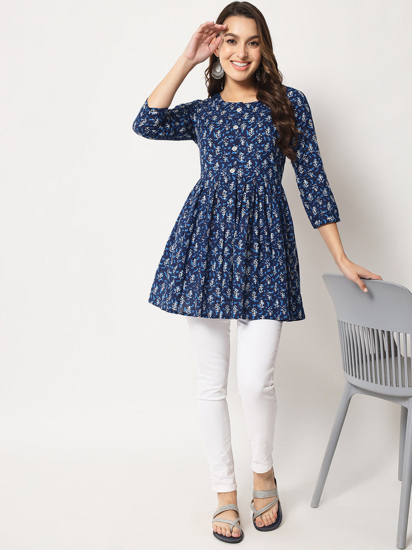 Blue Cotton Floral Printed Top