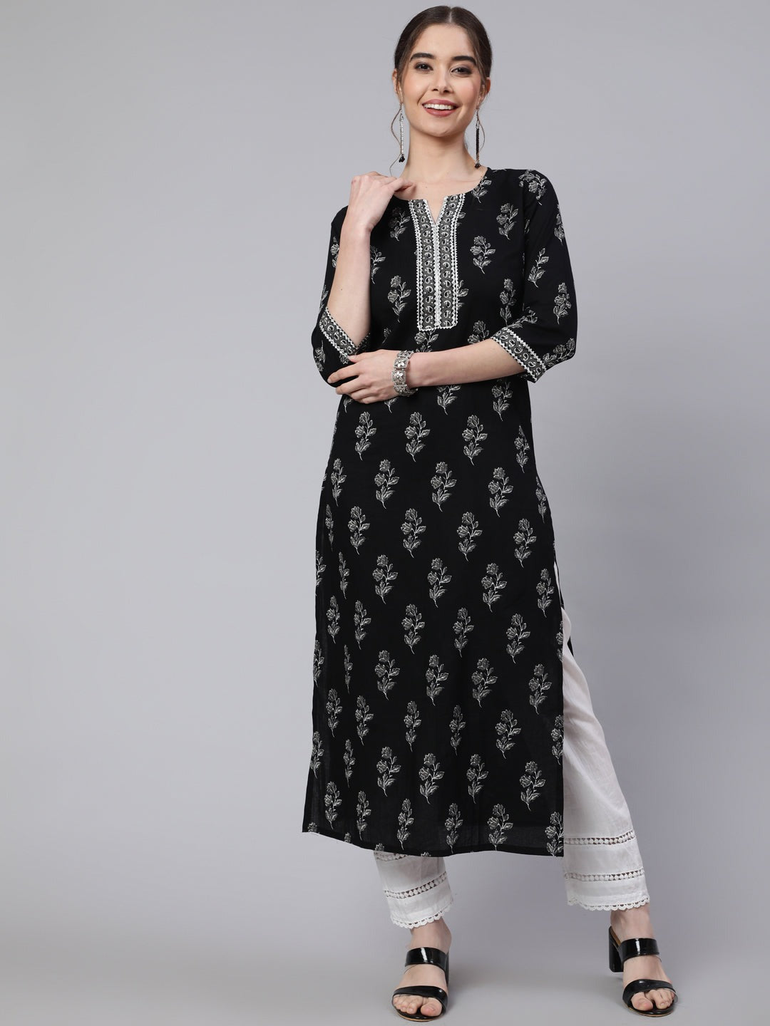Black Printed Cotton Kurti Top (Top Only)