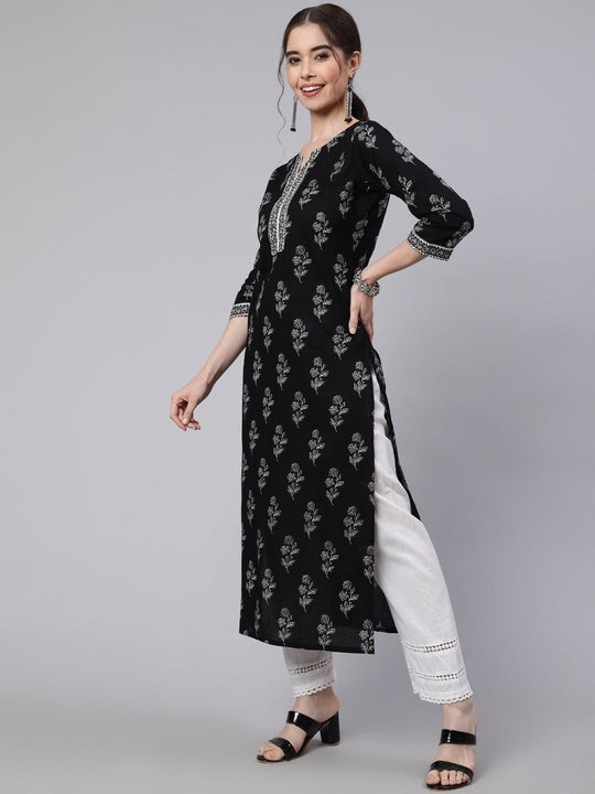 Black Printed Cotton Kurti Top (Top Only)