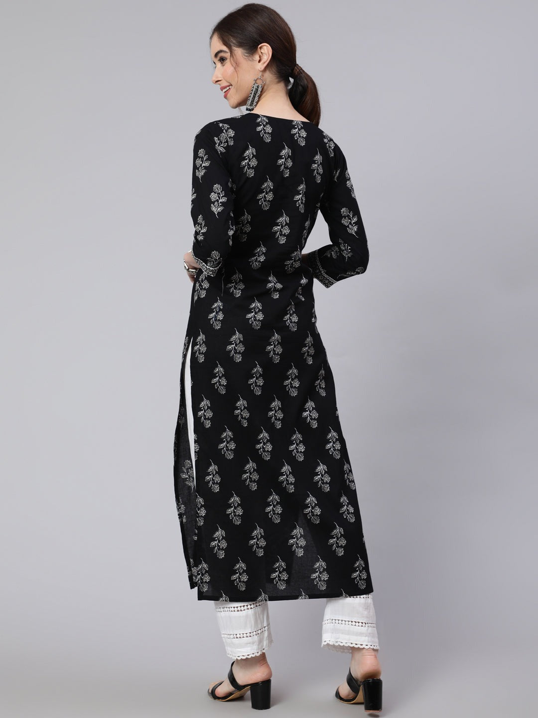 Black Printed Cotton Kurti Top (Top Only)