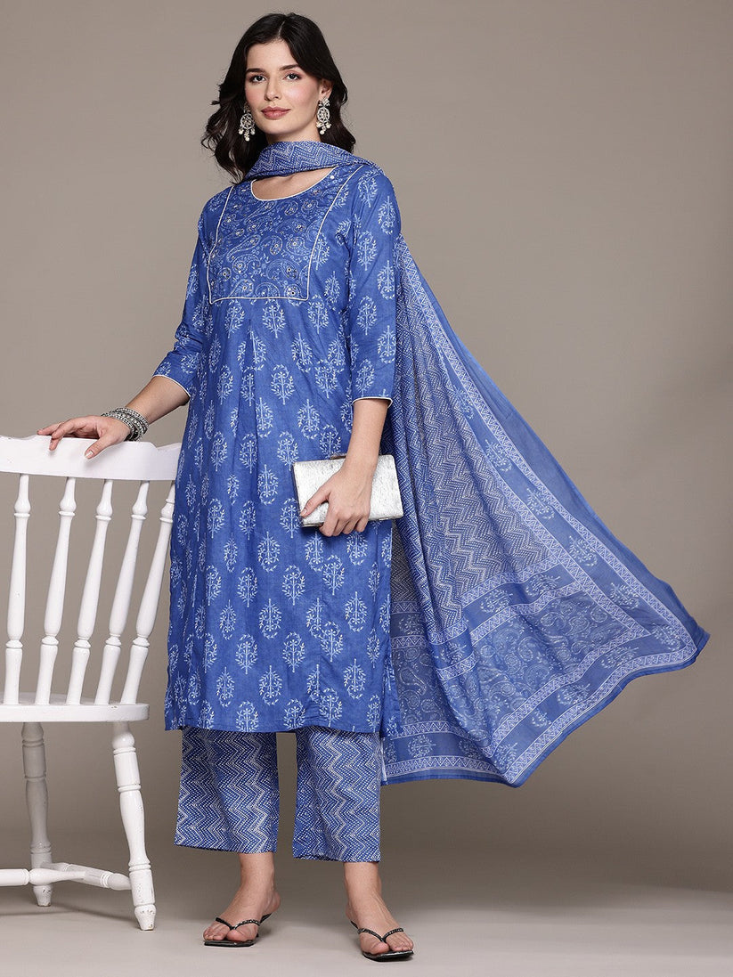 Blue Printed Kurta Palazzo Set with Dupatta
