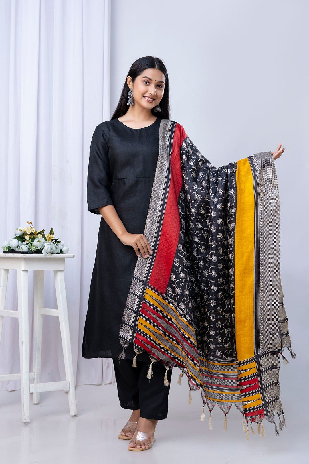SolidBlack Kurti Pants with Printed Dupatta
