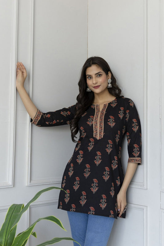 Black Maroon Floral Printed Cotton Short Kurti Top