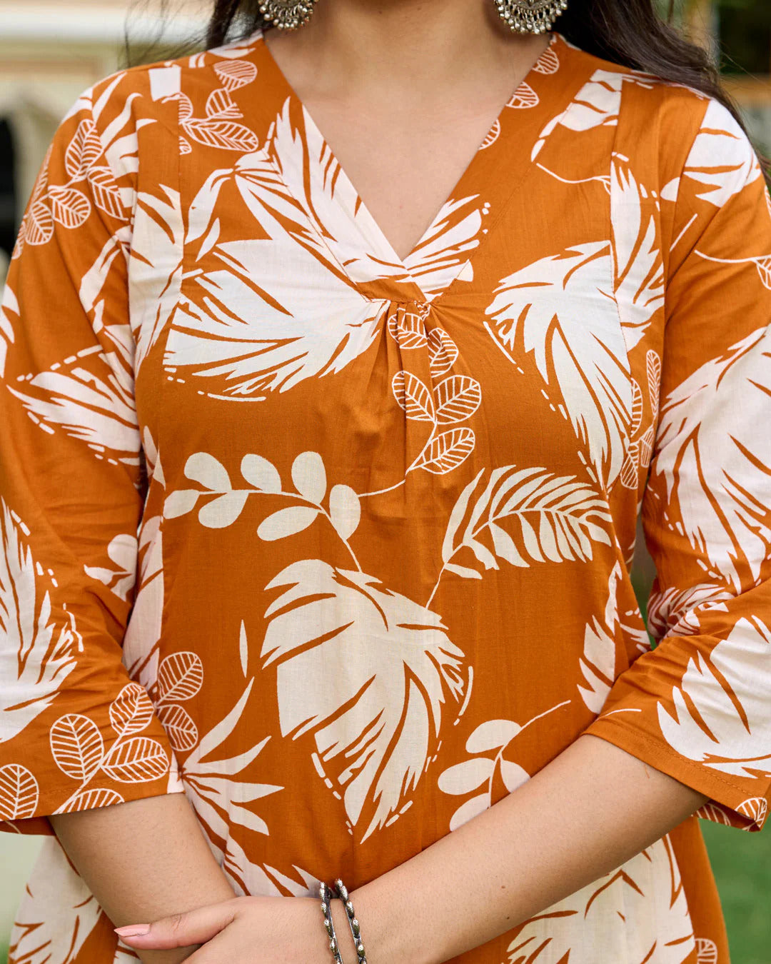 Rust Printed Cotton Kurti Plazoo Set