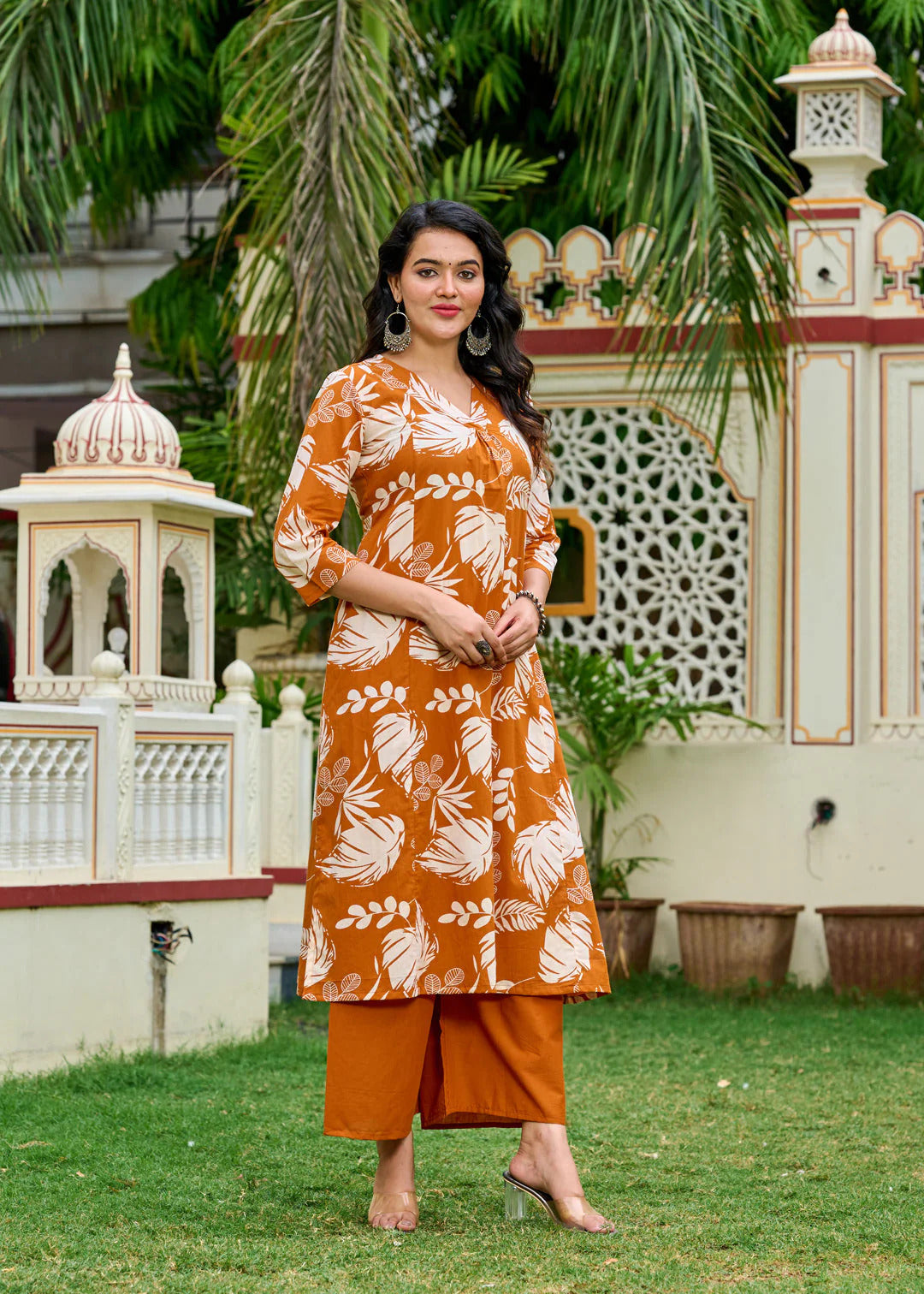 Rust Printed Cotton Kurti Plazoo Set
