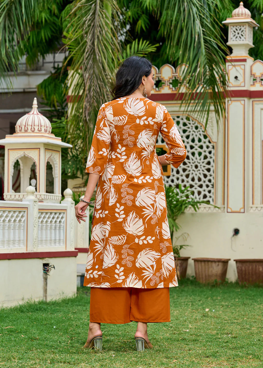 Rust Printed Cotton Kurti Plazoo Set