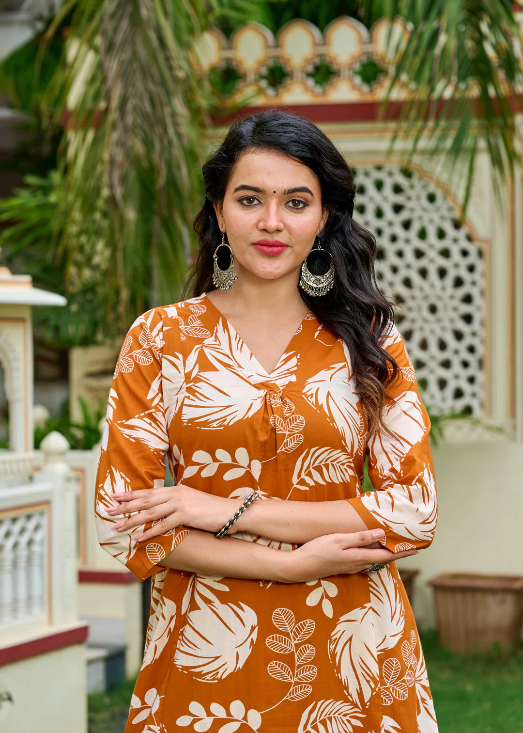 Rust Printed Cotton Kurti Plazoo Set
