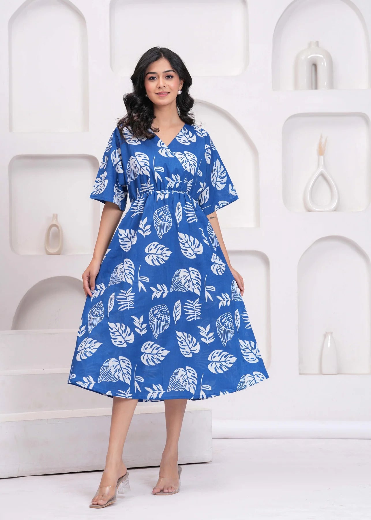 Blue tropical printed Cotton Dress