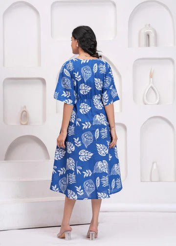 Blue tropical printed Cotton Dress