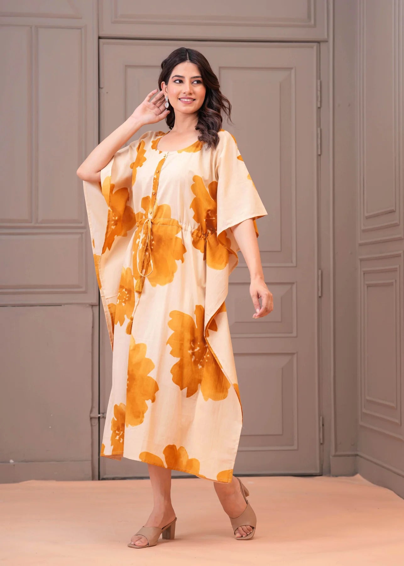 Mustard Floral printed Kaftan Maternity Dress