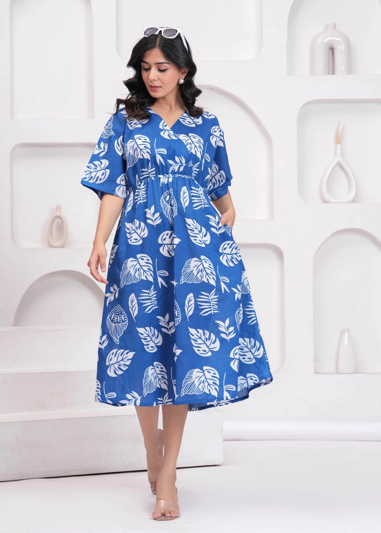 Blue tropical printed Cotton Dress
