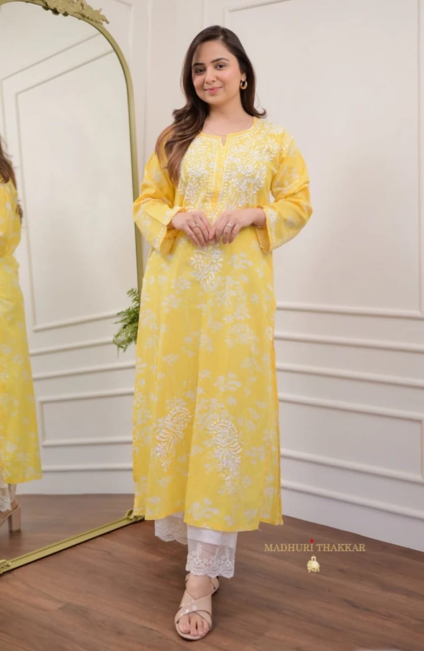 Yellow & White Chikankari Kurta And Palazzo Set