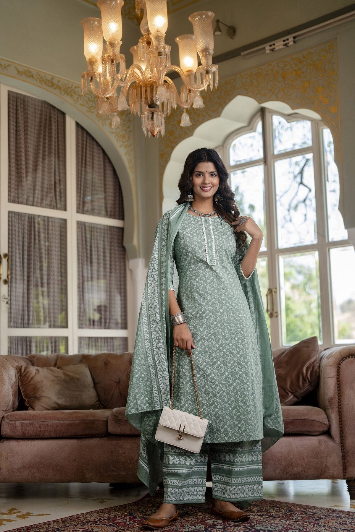 Green Pure Cotton Kurti Set
