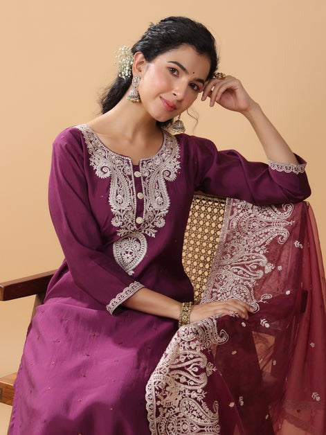Wine Embroidered Silk Kurti Palazzo With Dupatta