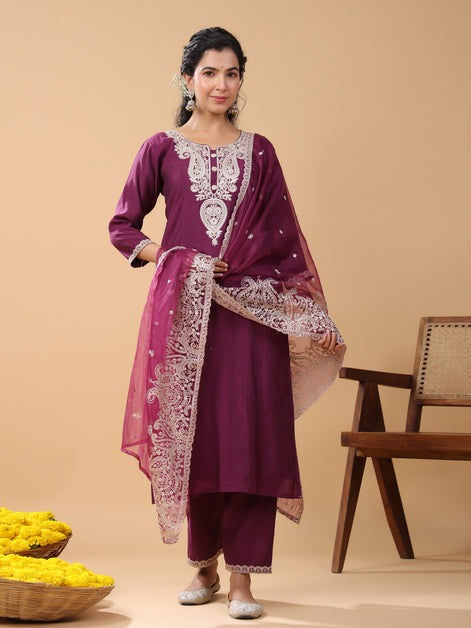 Wine Embroidered Silk Kurti Palazzo With Dupatta