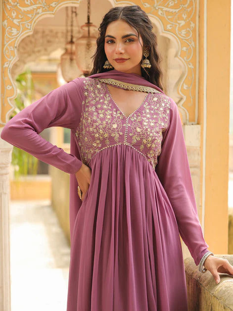 Lavender Georgette Floral Embroidered Kurta Palazzo with Dupatta set