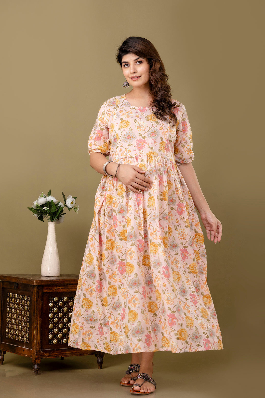 Pink Floral printed Cotton Maternity Dress