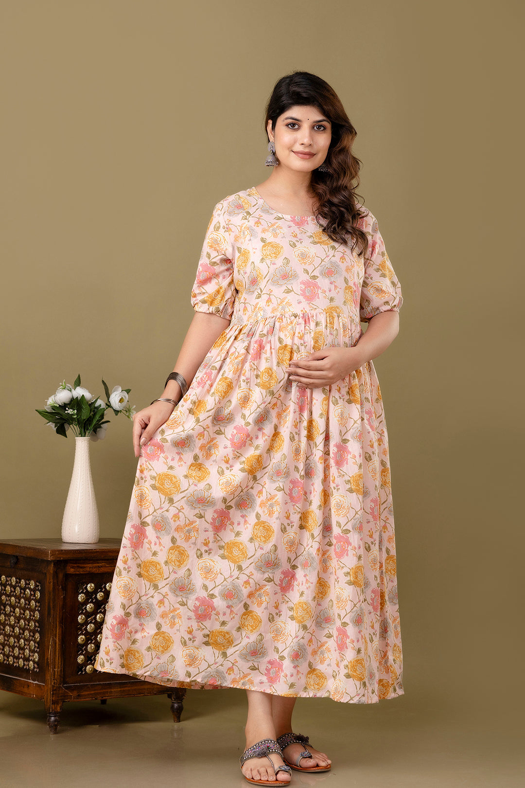 Pink Floral printed Cotton Maternity Dress