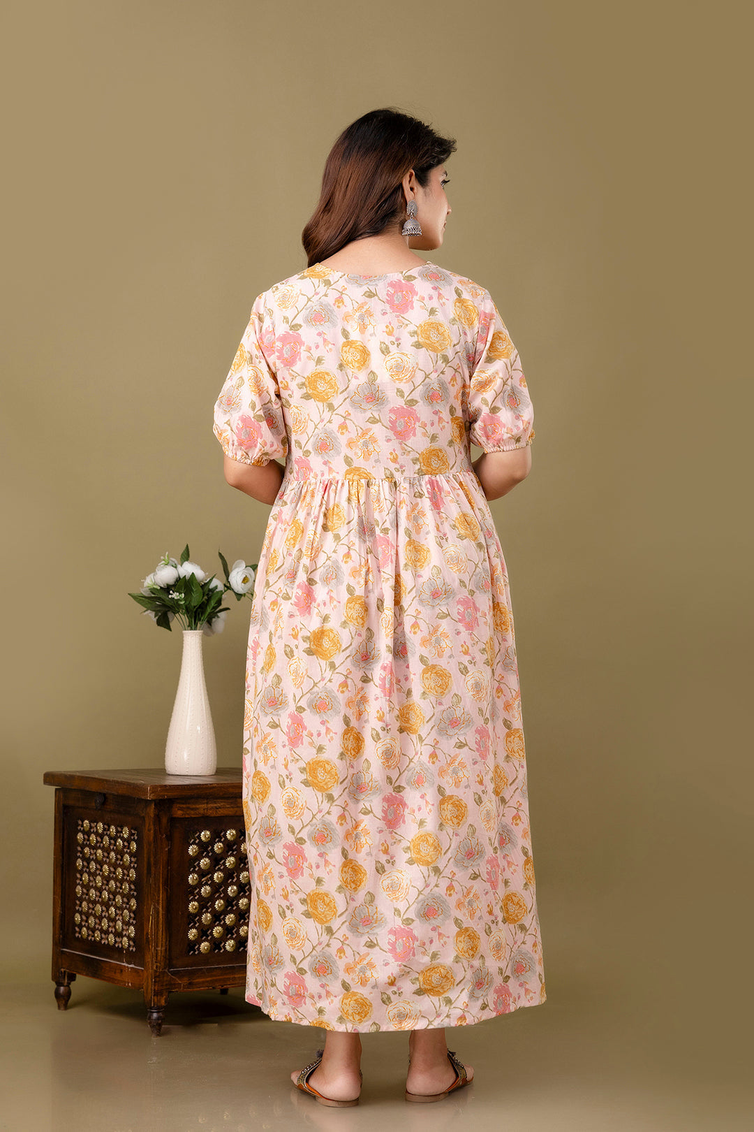 Pink Floral printed Cotton Maternity Dress